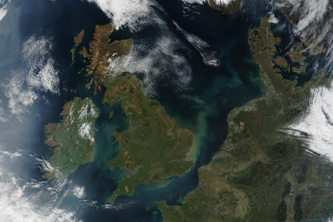 Vista de satélite da Inglaterra, Grã-Bretanha, Reino Unido e noroeste europeu