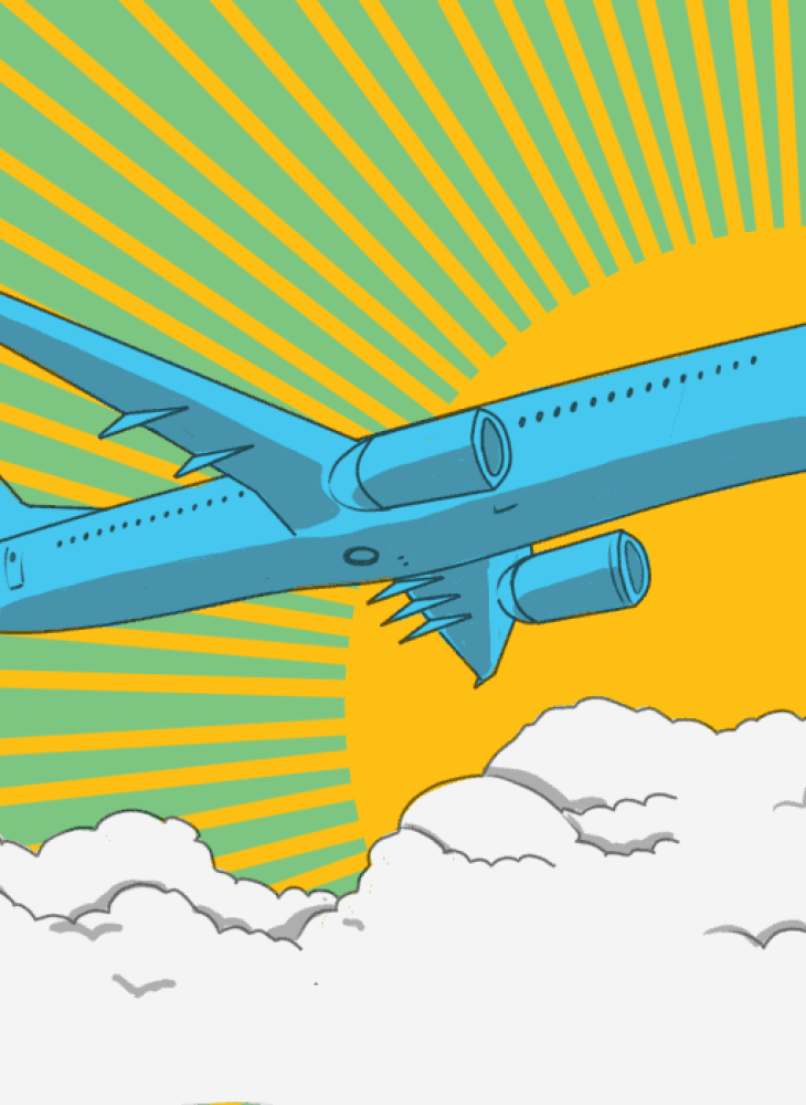 Ilustração de um avião sobre nuvens com sol ao fundo